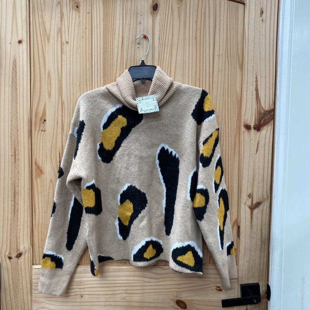 WOMENS SHOP WANNA B SWEATER TAUPE/BLK/YELLOW S NWT