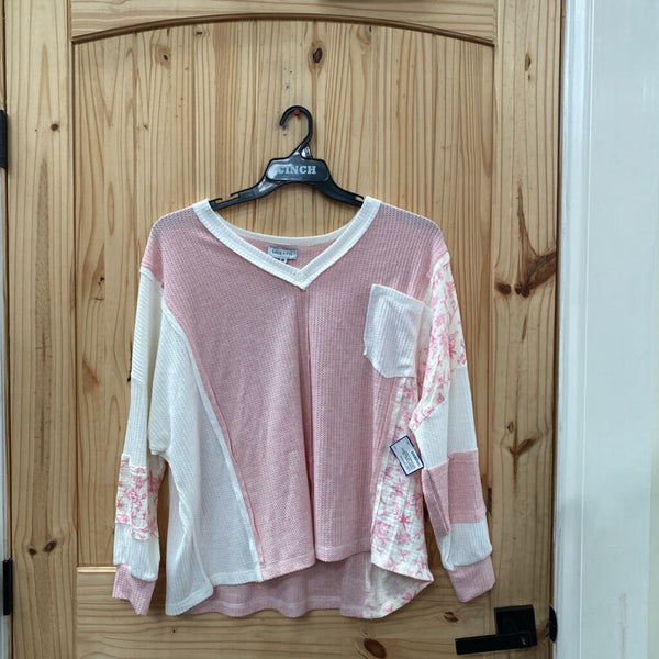 WOMENS SAGE + FIG CASUAL TOP PINK/WHITE W/FLOWERS M NWT