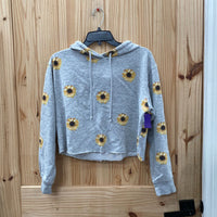 WOMENS NO BOUNDARIES CROP TOP HOODIE GREY W/SUNFLOWERS M