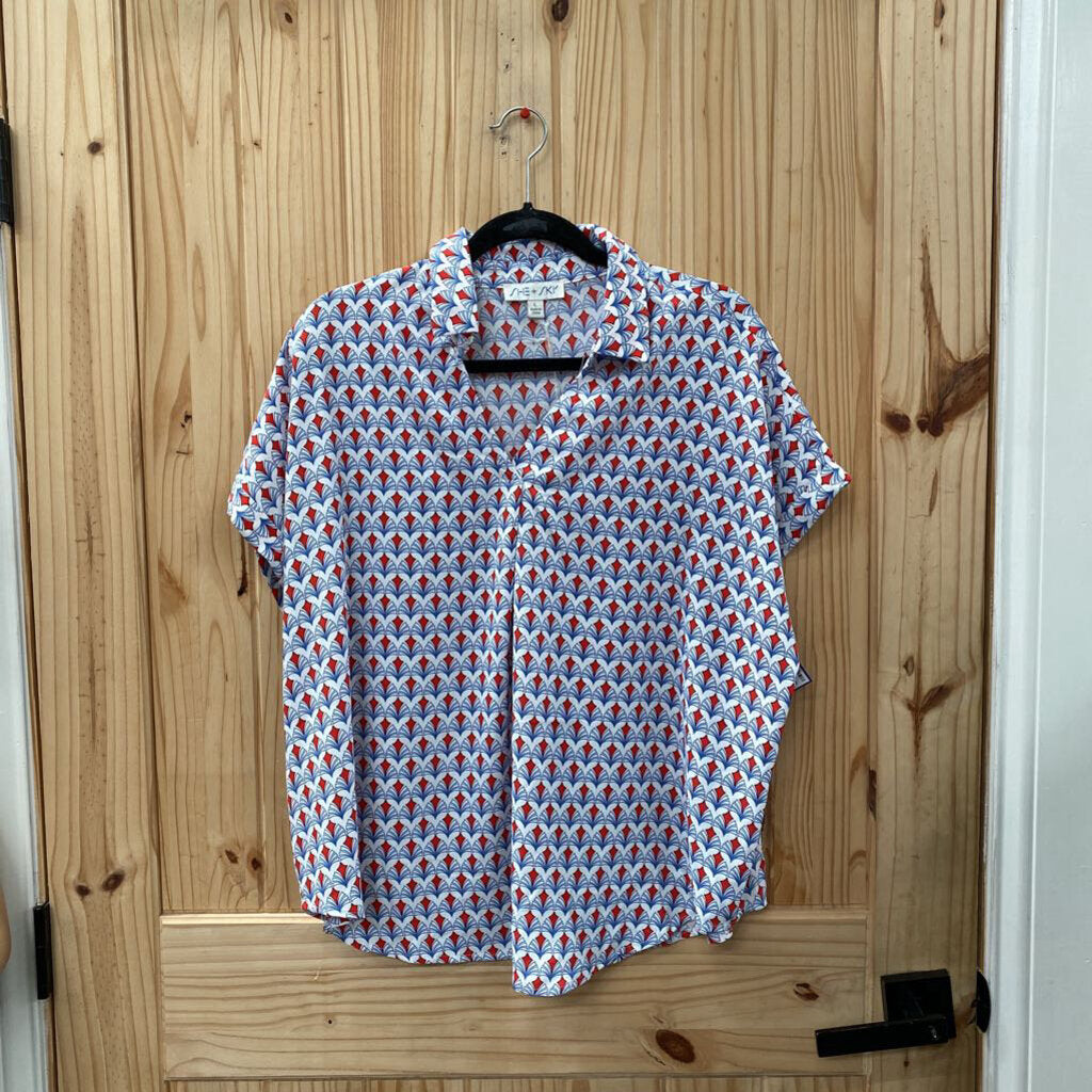 WOMENS SHE + SKY CASUAL TOP RED/WHITE/BLUE L NWT