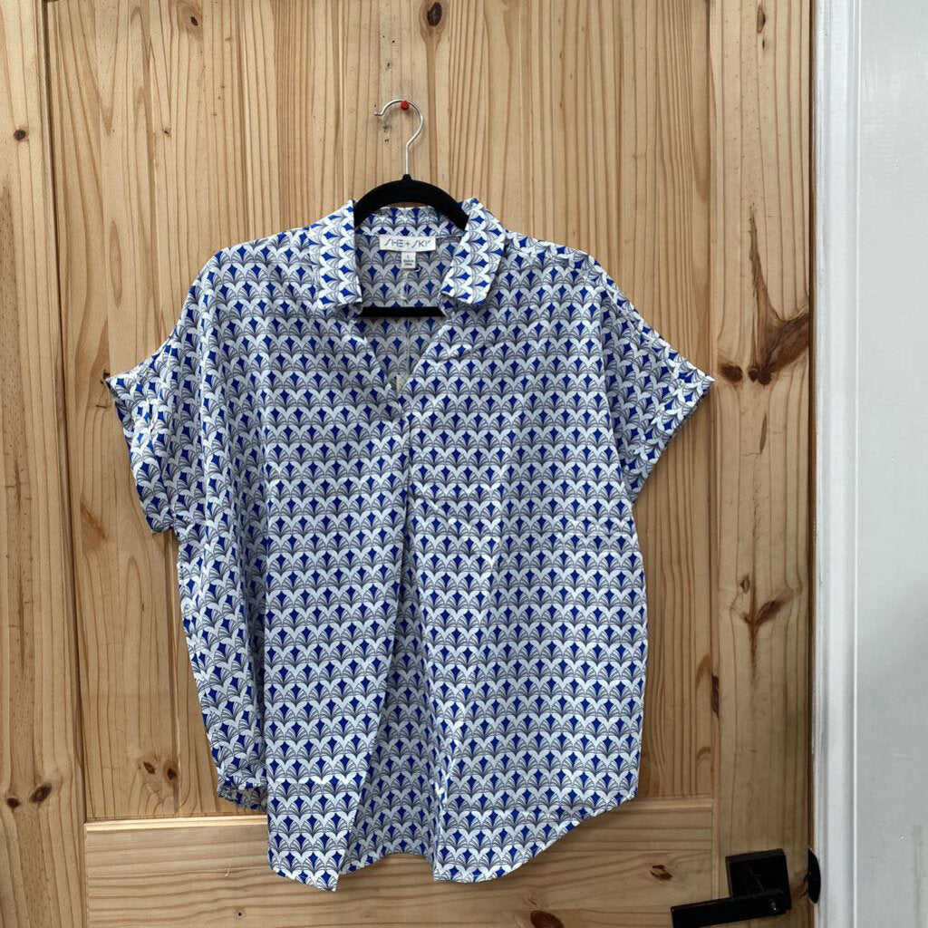 WOMENS SHE + SKY CASUAL TOP BLUE/WHITE/GREY L NWT