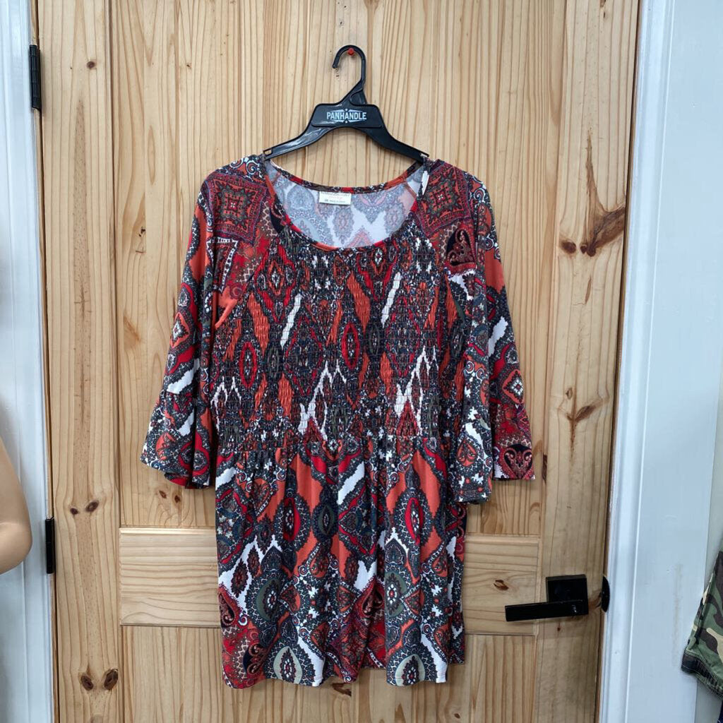 WOMENS BOBBIE BROOKS CASUAL TOP BURNT ORANGE/WHITE/RED 2X