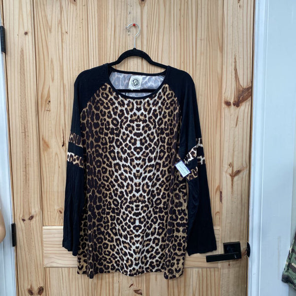 WOMENS T2D LEOPARD/BLK CASUAL TOP 2X