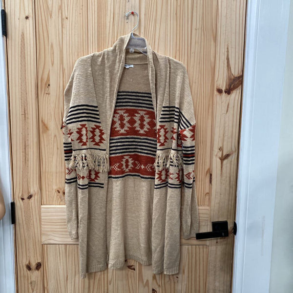 WOMENS MAURICES SWEATER CARDIGAN TAUPE/NAVY BLUE/RUST M