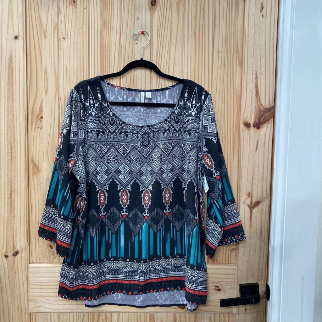 WOMENS CATO CASUAL LS TOP BLK/WHITE/TEAL XL