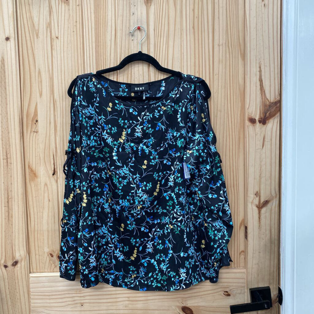 WOMENS DKNY BLK FLORAL CASUAL TOP M