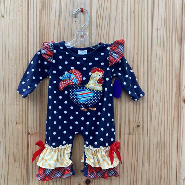 GIRLS CHICKEN ROMPER NAVY BLUE W/WHITE DOTS 0/3M
