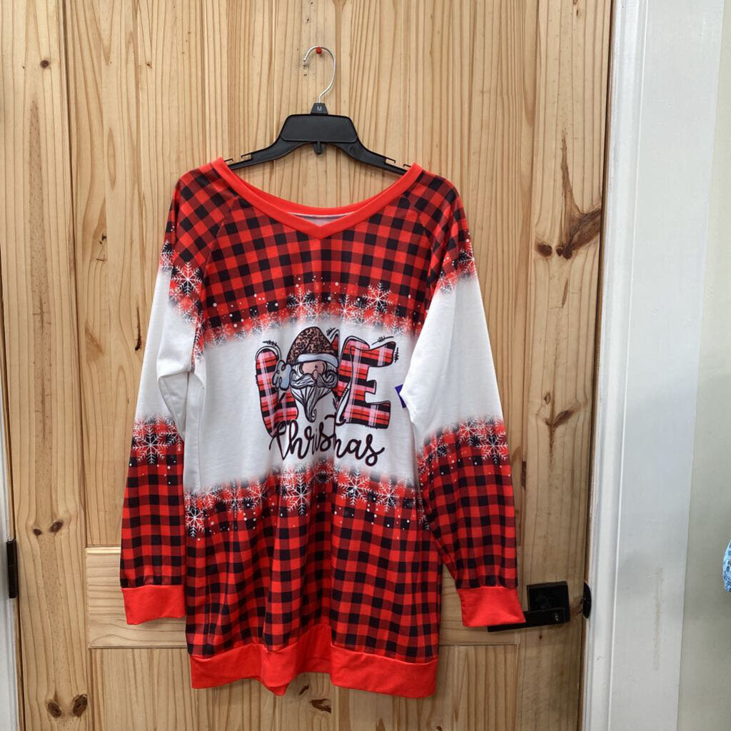 WOMENS LOVE CHRISTMAS RED/BLK PLAID LS SHIRT W/SANTA CLAUS XL