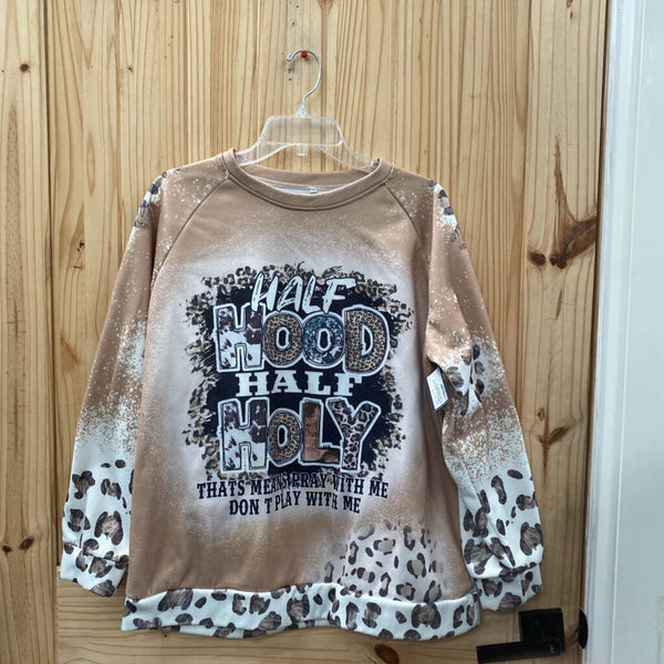 WOMENS HALF HOOD HALF HOLY SWEATSHIRT LT TAUPE/LEOPARD XL