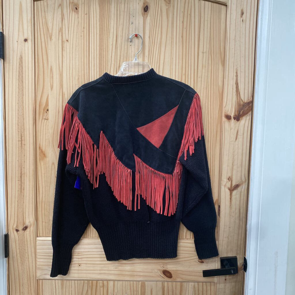 WOMENS PIONEER WEAR SWEATER BLK W/RED FRINGE M