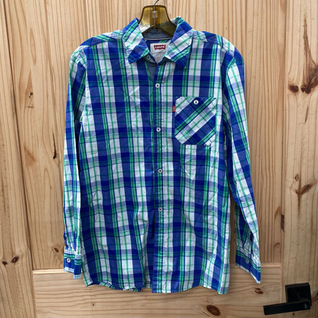 BOYS LEVIS LS PLAID SHIRT GREEN/WHITE/BLUE L 12/13
