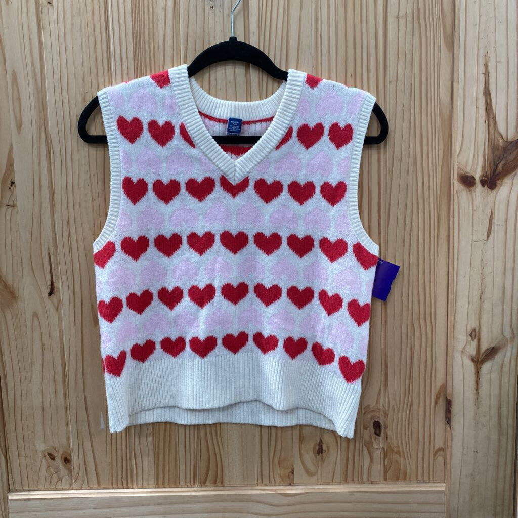 GIRLS OLD NAVY SWEATER VEST SL IVORY/RED/PINK W/HEARTS XXL 18 PLUS