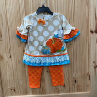GIRLS EMILY ROSE 2PC SET ORANGE/SKY BLUE/TAUPE W/PUMPKINS 2T