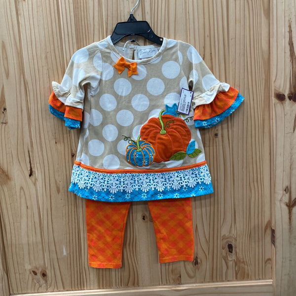 GIRLS EMILY ROSE 2PC SET ORANGE/SKY BLUE/TAUPE W/PUMPKINS 2T