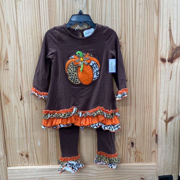 GIRLS RARE EDITIONS 2PC SET ORANGE/WHITE/BROWN W/PUMPKIN 3T