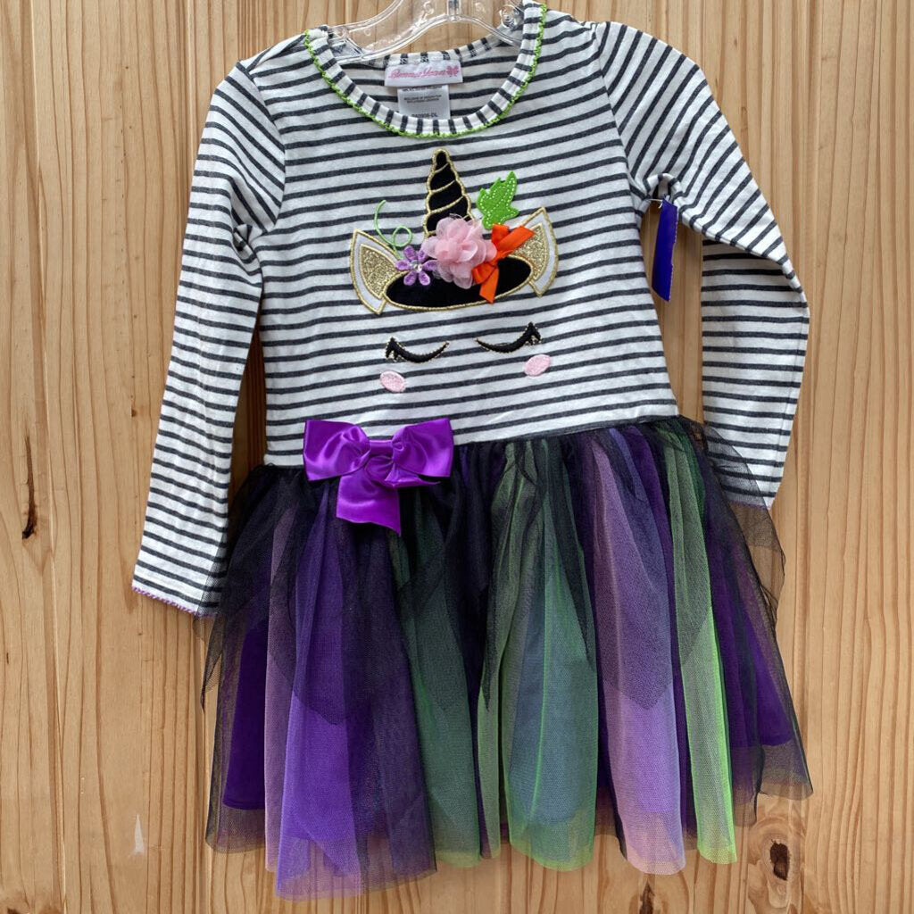 GIRLS BONNIE JEAN LS DRESS BLK/WHITE W/UNICORN 3T