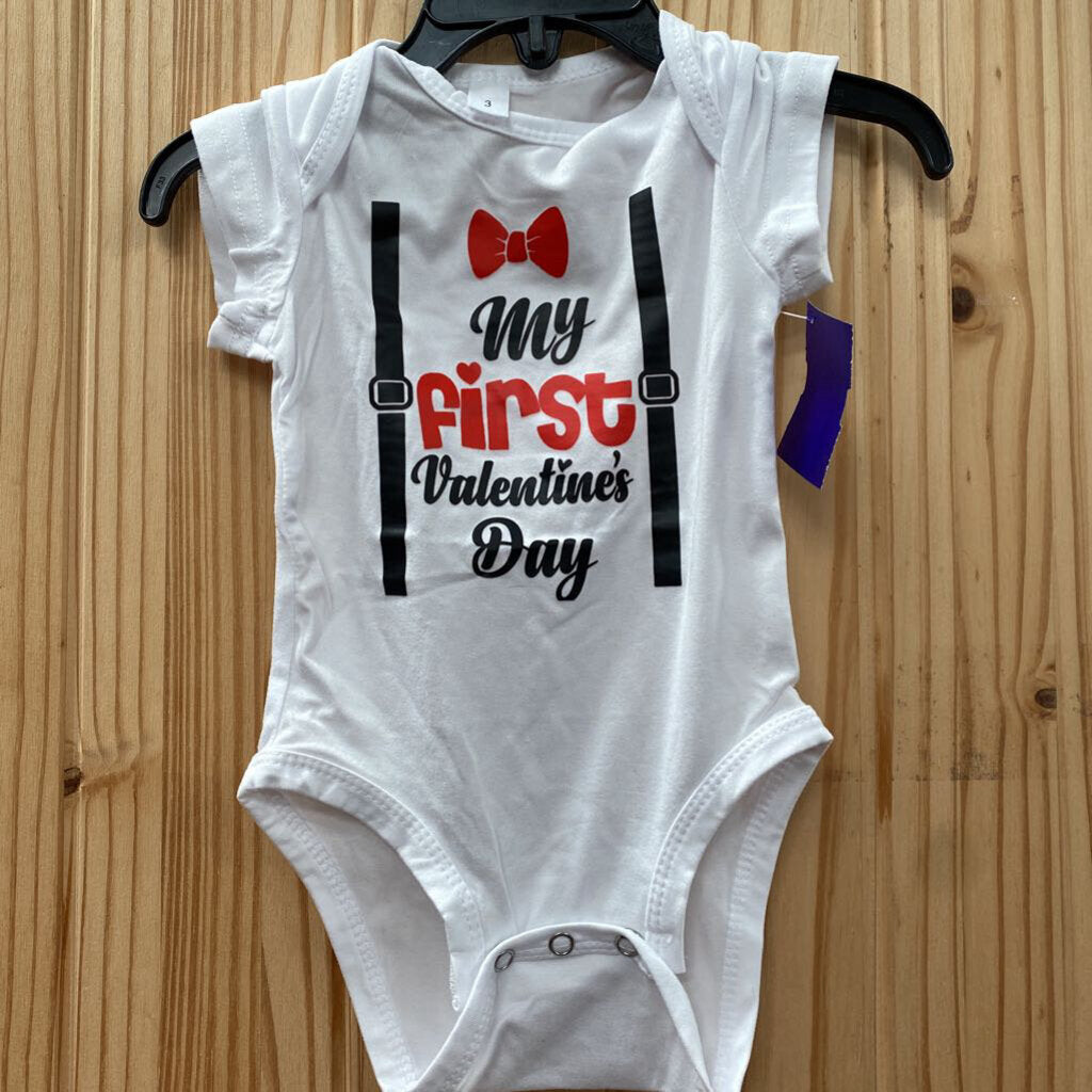 MY FIRST VALENTINE'S DAY ONESIE RE/WHITE/BLK 3T