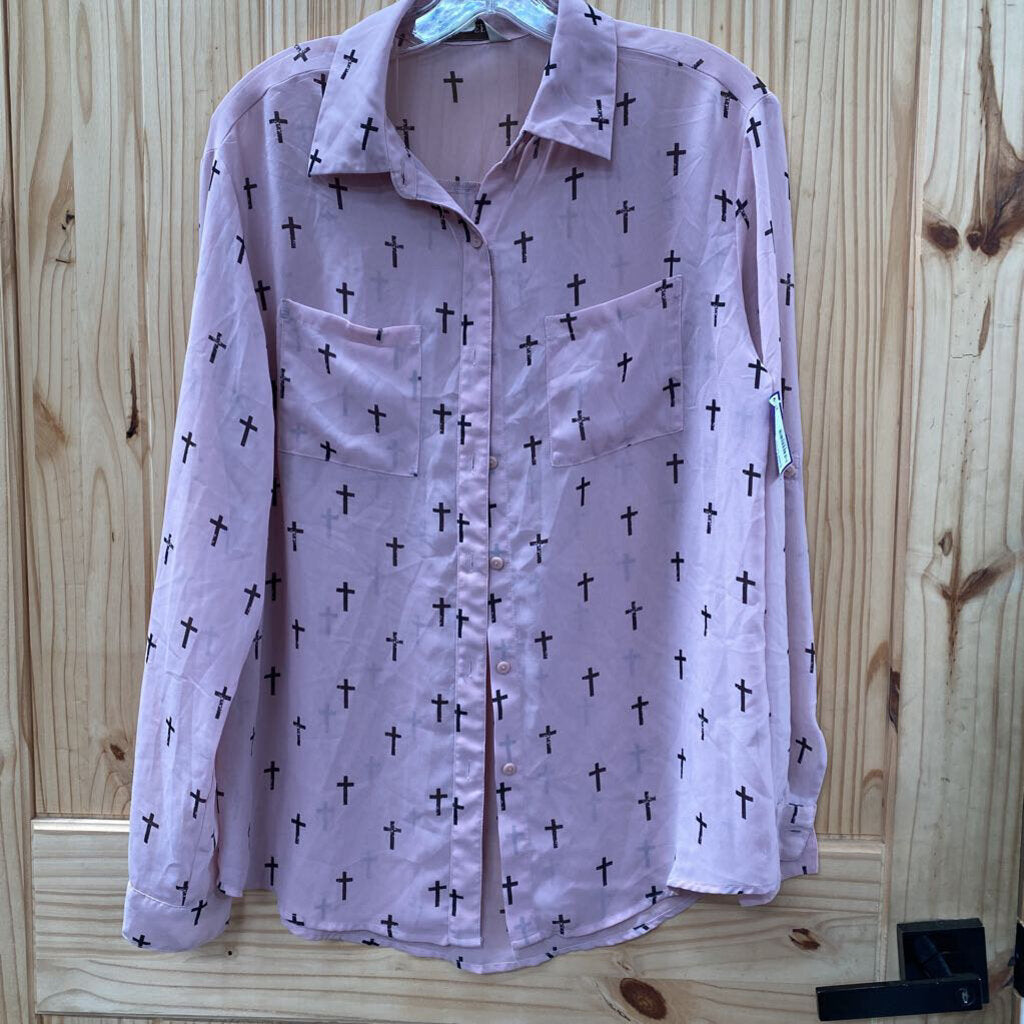 WOMENS DECREE MAUVE SHEER LS TOP W/CROSSES M