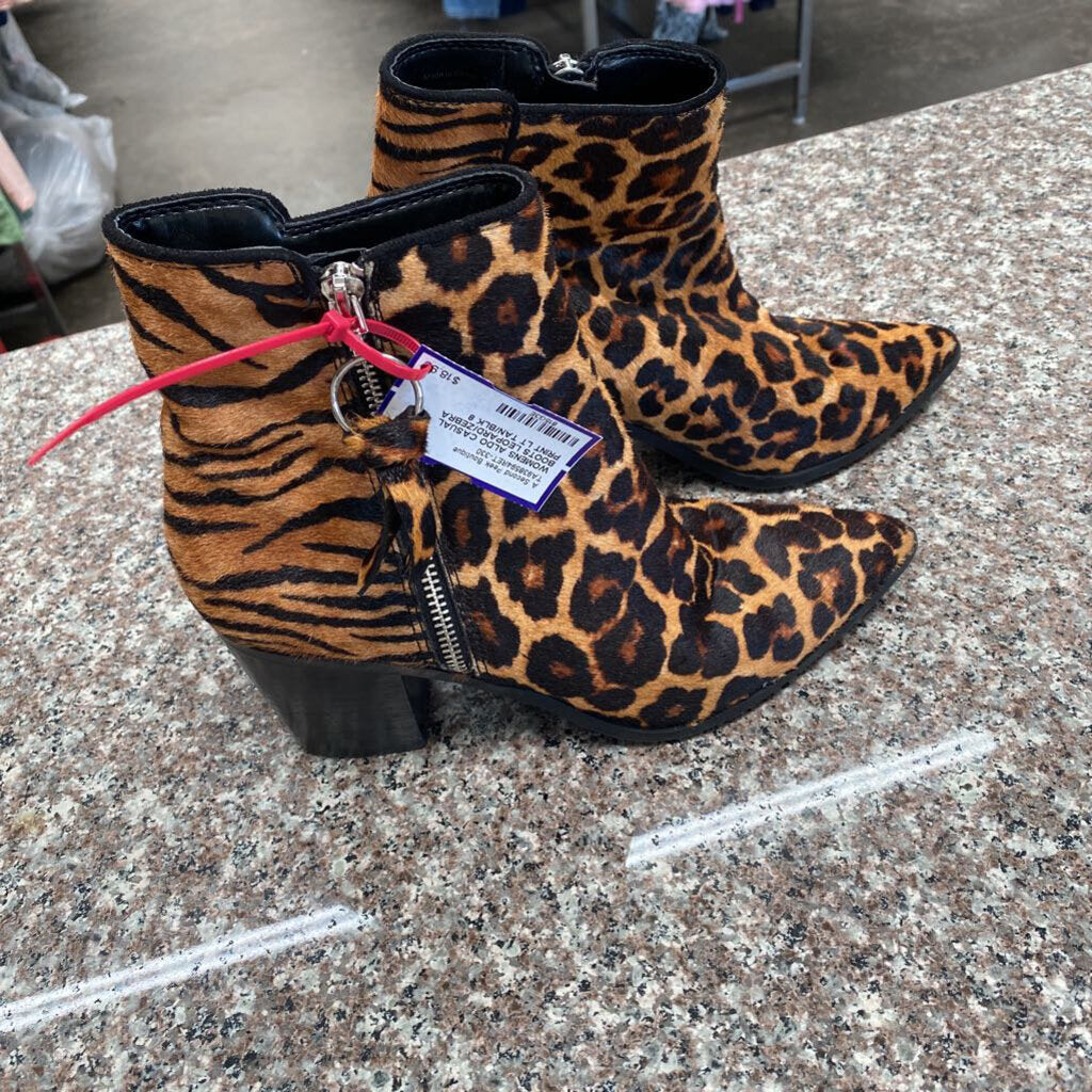 WOMENS ALDO CASUAL BOOTS LEOPARD/ZEBRA PRINT LT TAN/BLK 8