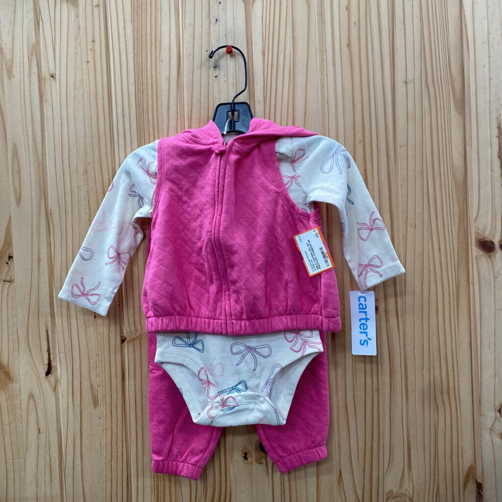 GIRLS CARTERS 3PC SET PINK/IVORY W/RIBBONS 9M