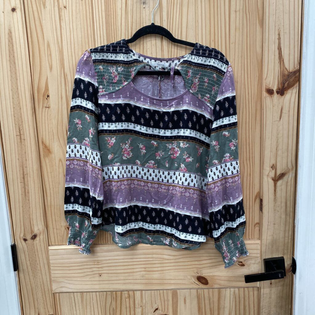 WOMENS MAURICES CASUAL TOP OLIVE GREEN/PINK/BLK S