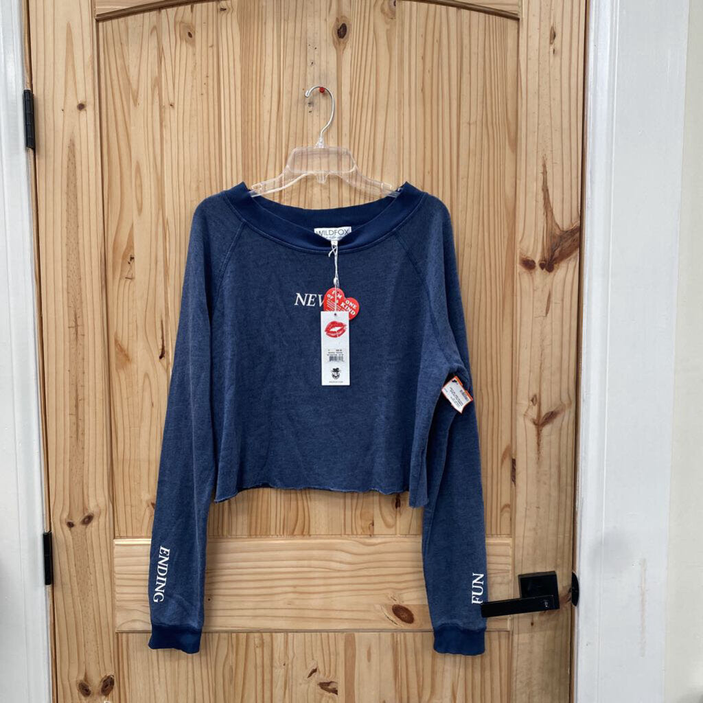 WOMENS WILD FOX BLUE SWEATER CROP TOP S NWT