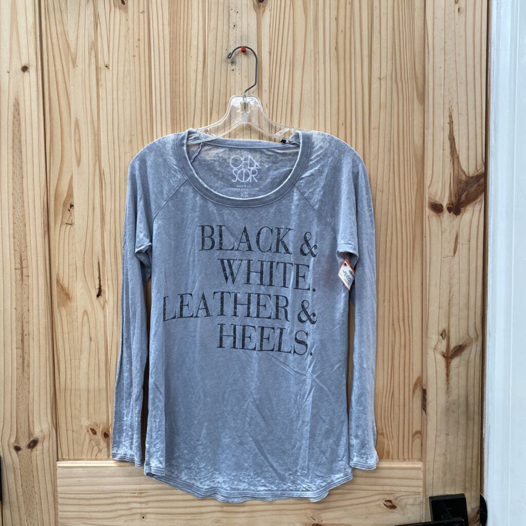 WOMENS BLACK AND WHITE. LEATHER AND HEELS LS GREY SHIRT XS NWT