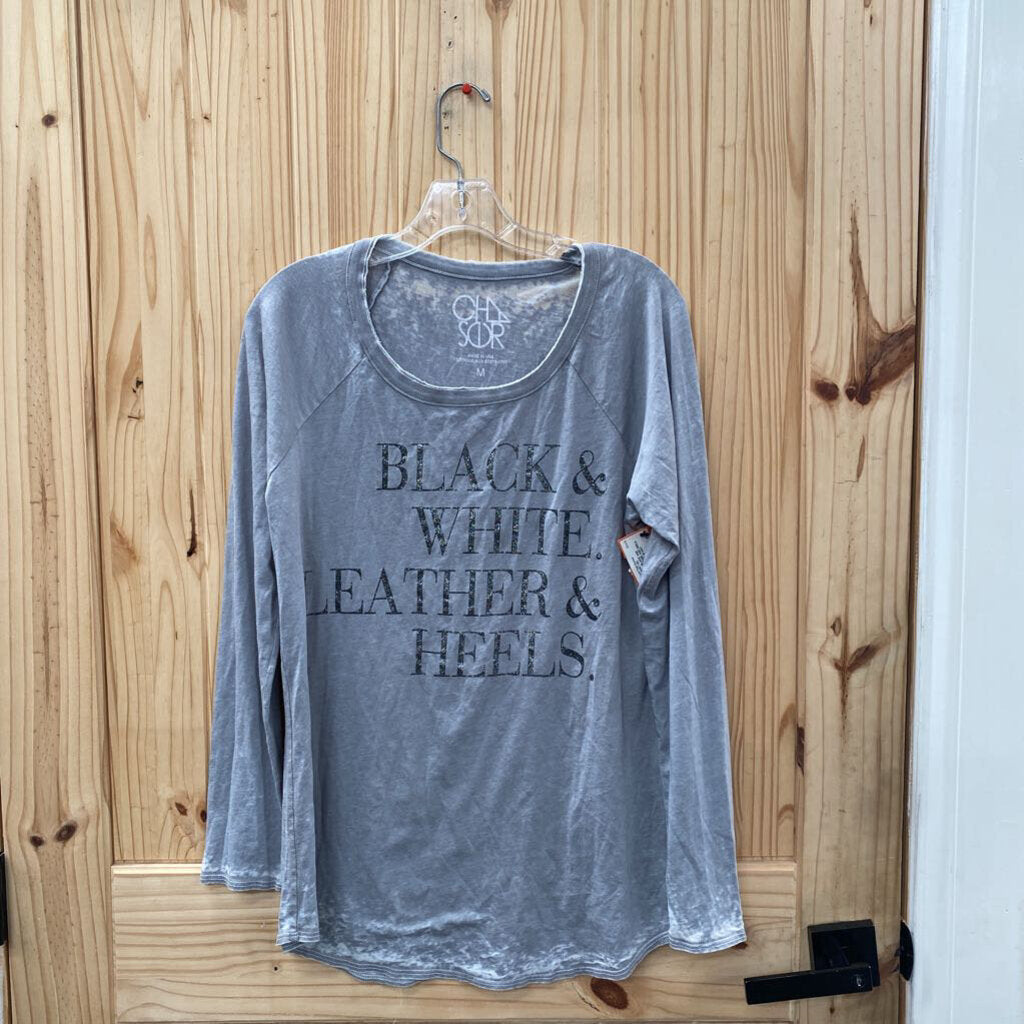 WOMENS BLACK AND WHITE. LEATHER AND HEELS LS GREY SHIRT M NWT