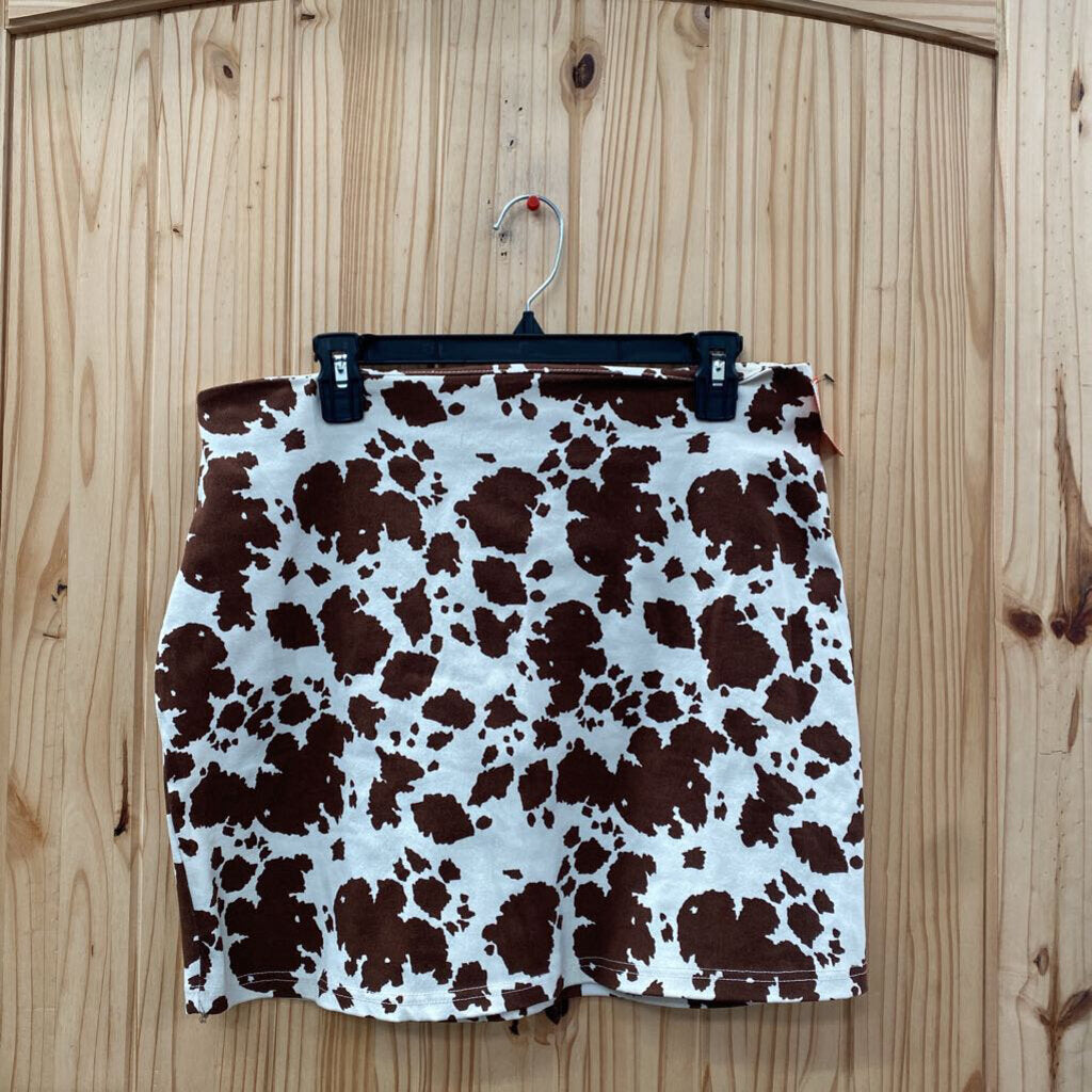 WOMENS RUE 21 WHITE/BROWN COW PRINT SKIRT L