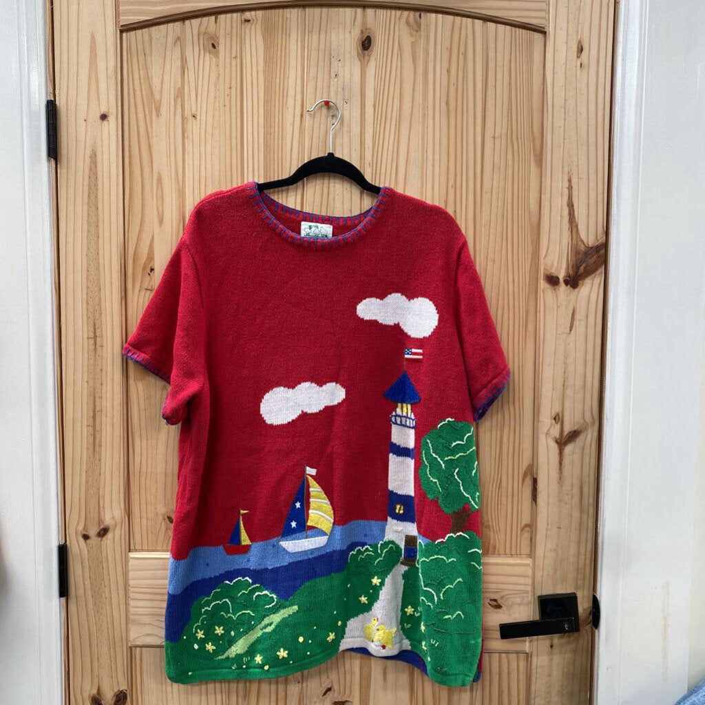 WOMENS RED SWEATER RED W/LIGHTHOUSE/BOATS 1X