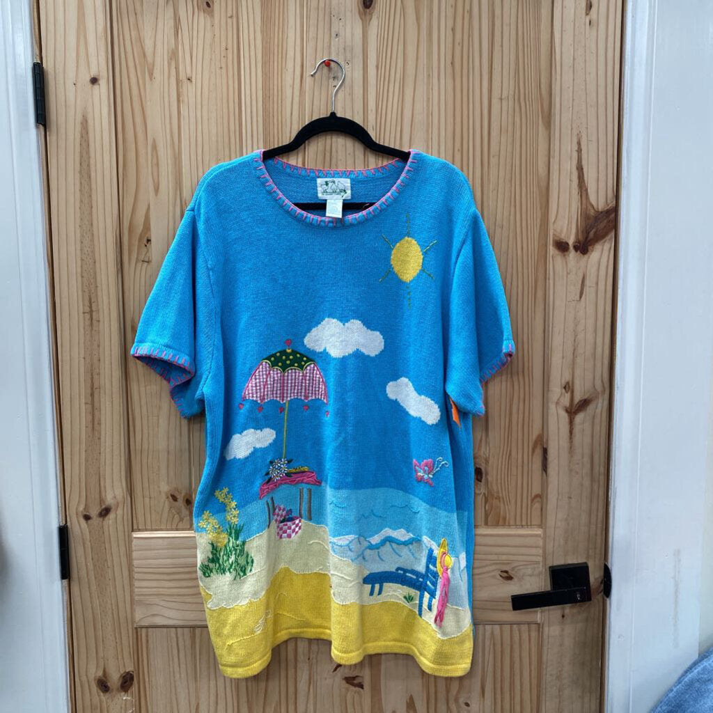 WOMENS SKY BLUE SWEATER BEACH THEME W/UMBRELLA 1X