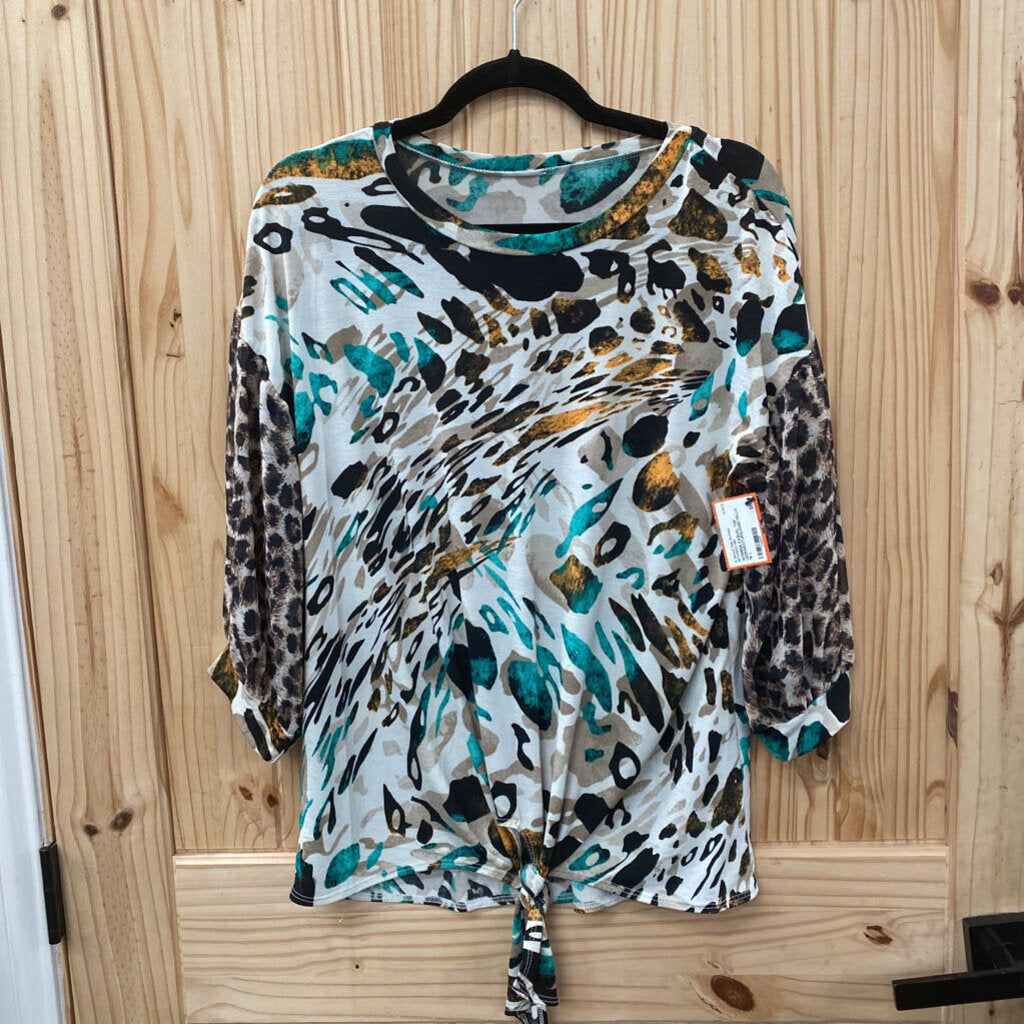 WOMENS CASUAL TOP LEOPARD/TURQUOISE/YELLOW L