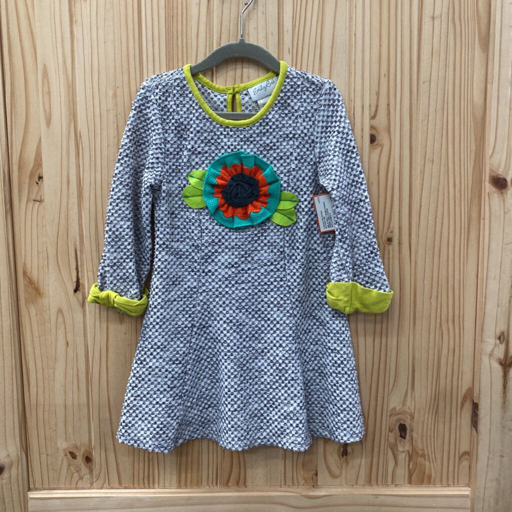 GIRLS EMILY ROSE CASUAL DRESS GREY/WHITE W/FLOWERS 6