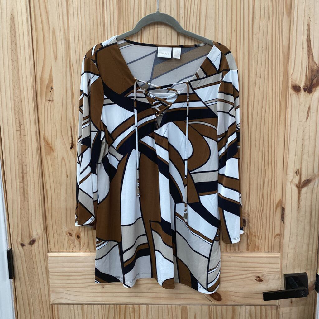 WOMENS CHICOS CASUAL TOP BROWN/WHITE/BLK 1 XL