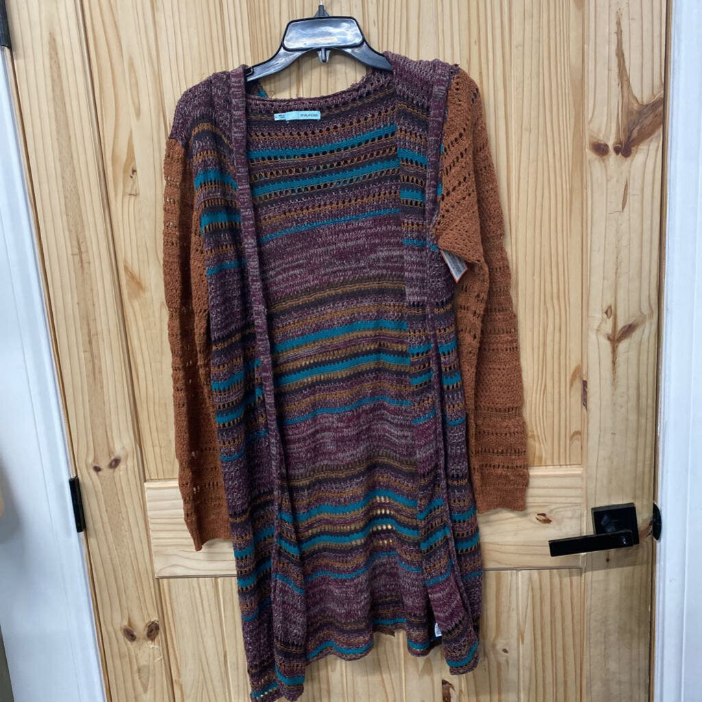WOMENS MAURICES SHEER CARDIGAN W/HOOD BROWN/TURQUOISE/WINE L