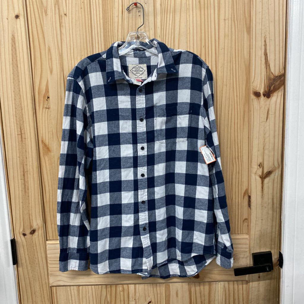 MENS ST. JOHNS BAY LS PLAD SHIRT NAVY BLUE/WHITE M