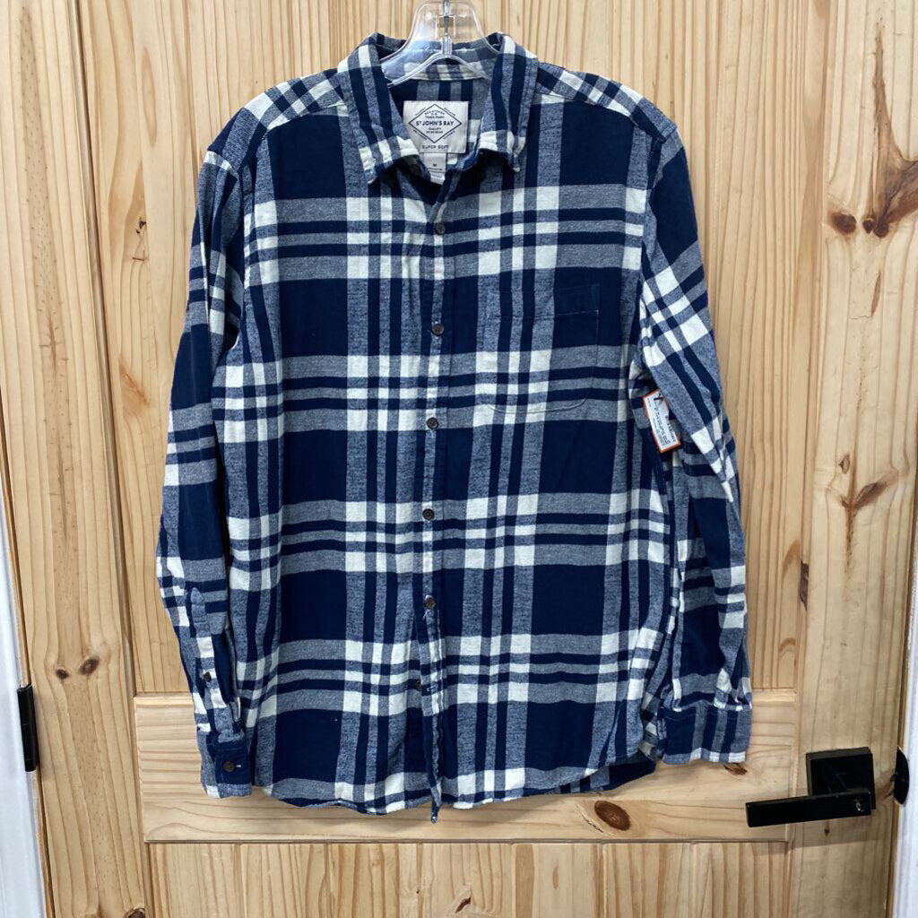 MENS ST. JOHNS BAY LS PLAID SHIRT NAVY BLUE/TAN M