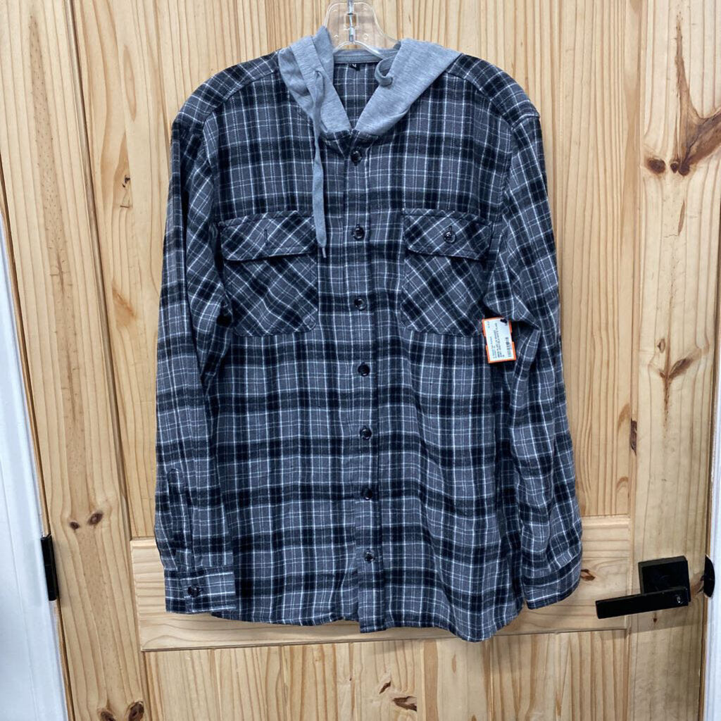 MENS PLAID LS HOODED SHIRT GREY/BLK/WHITE PLAID M