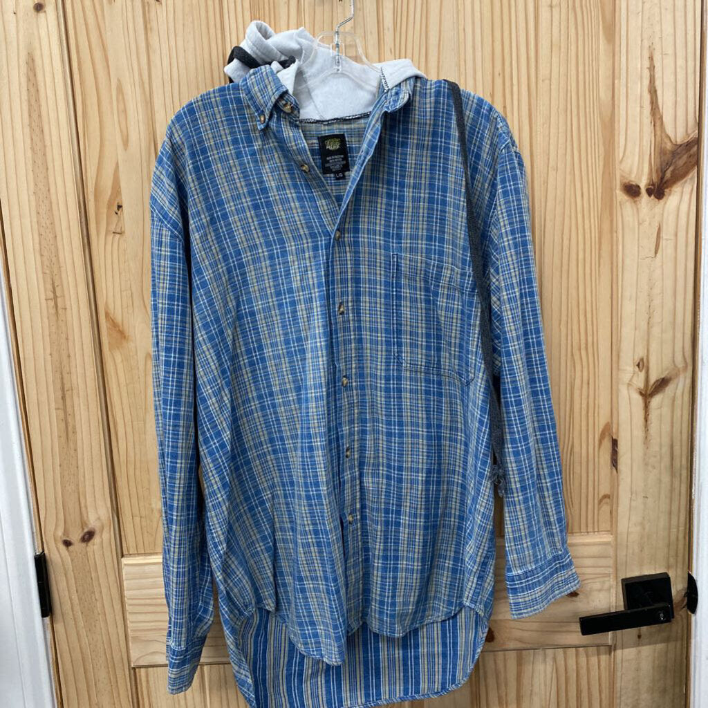MENS PLAID LS HOODED SHIRT TEAL/TAN L