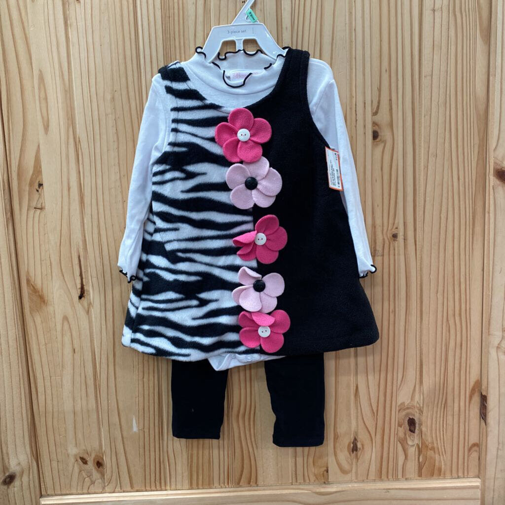 GIRLS BONNIE BABY 3PC SET BLK/WHITE/PINK W/FLOWERS 18M