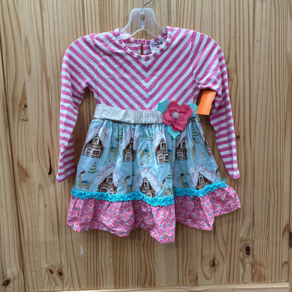 GIRLS COUNTING DAISIES DRESS LS PINK/WHITE/SKY BLUE W/DEER/GINGERBREAD HOUSE 5