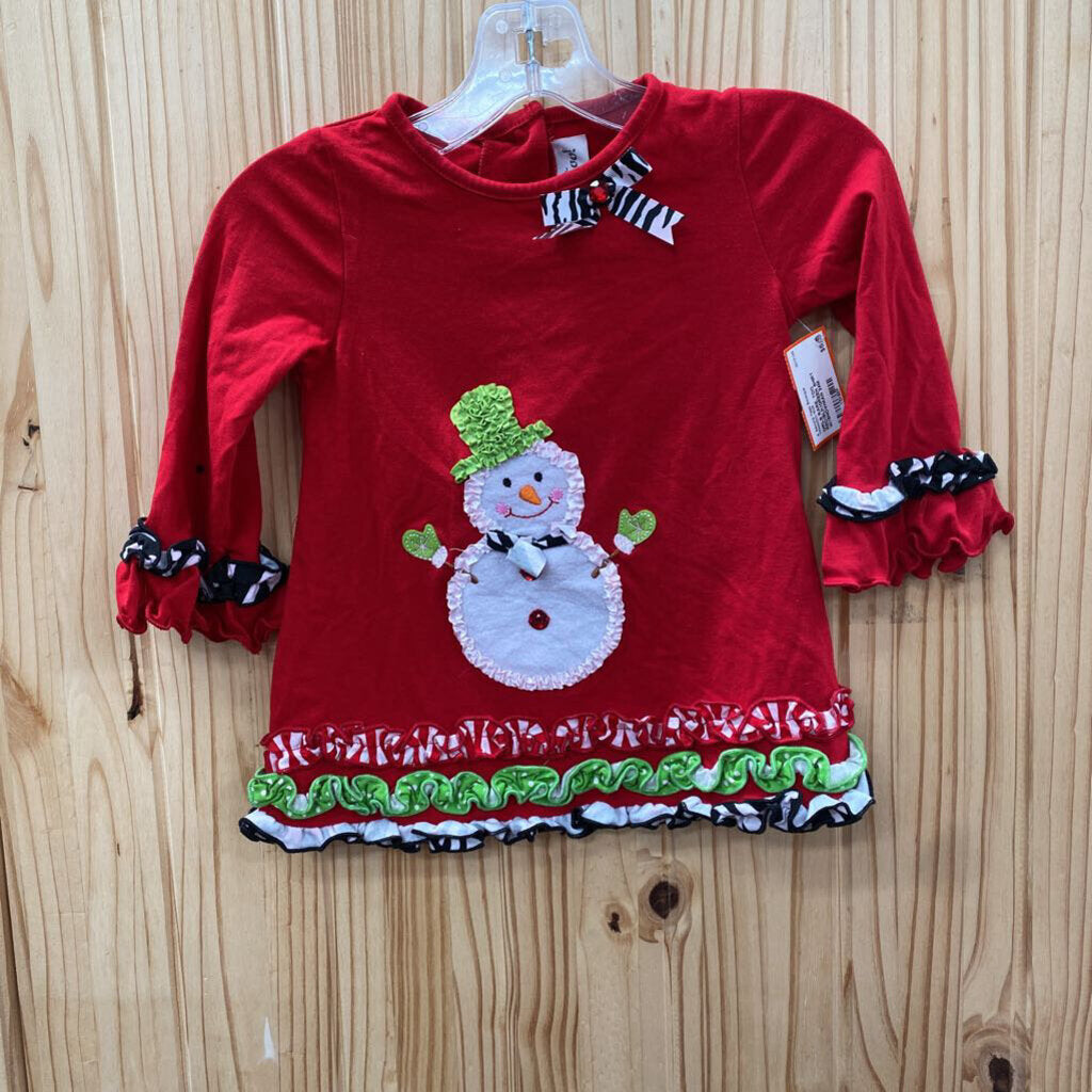 GIRLS RARE, TOO RED/BLK/GREEN SHIRT W/SNOWMAN 24M