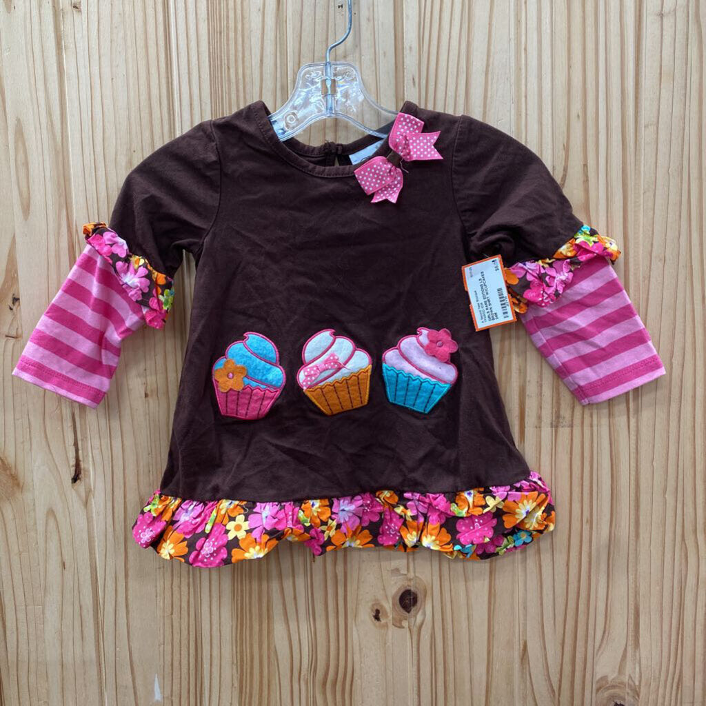 GIRLS RARE EDITIONS LS BROWN SHIRT W/CUPCAKES 24M