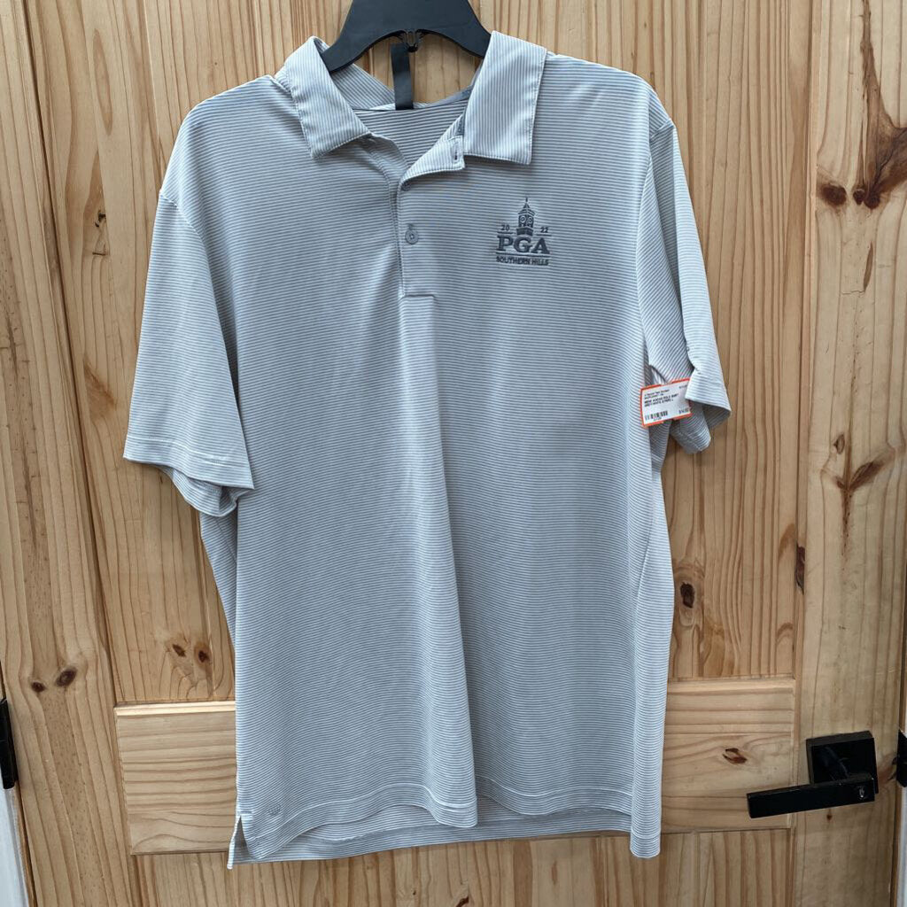 MENS ADIDAS POLO SHIRT GREY/WHITE STRIPE L