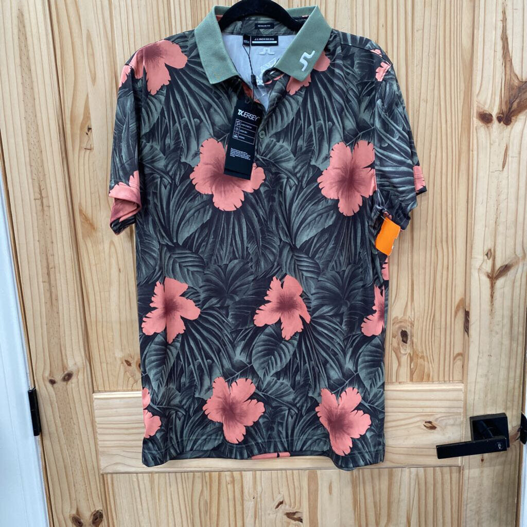 MENS J. LINDEBERG OLIVE GREEN POLO SHIRT W/CORAL HIBICOUS FLOWERS L NWT