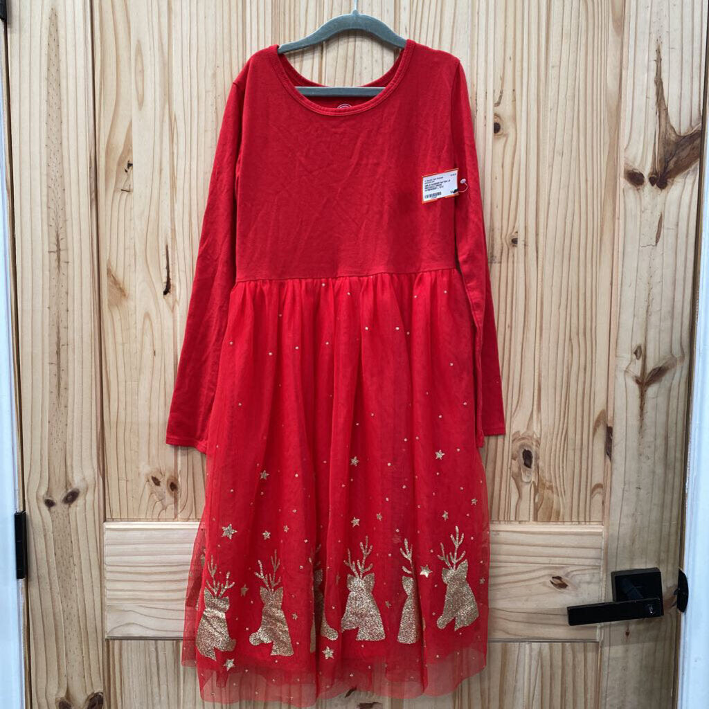 GIRLS WONDER NATION LS RED/GOLD DRESS W/REINDEER L 10/12