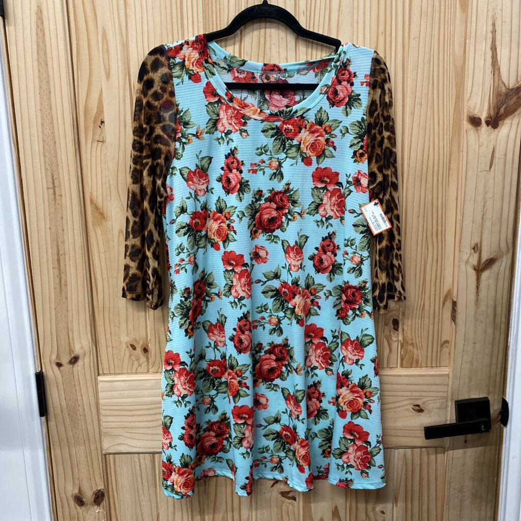 WOMENS SKY BLUE FLORAL/LEOPARD TOP L