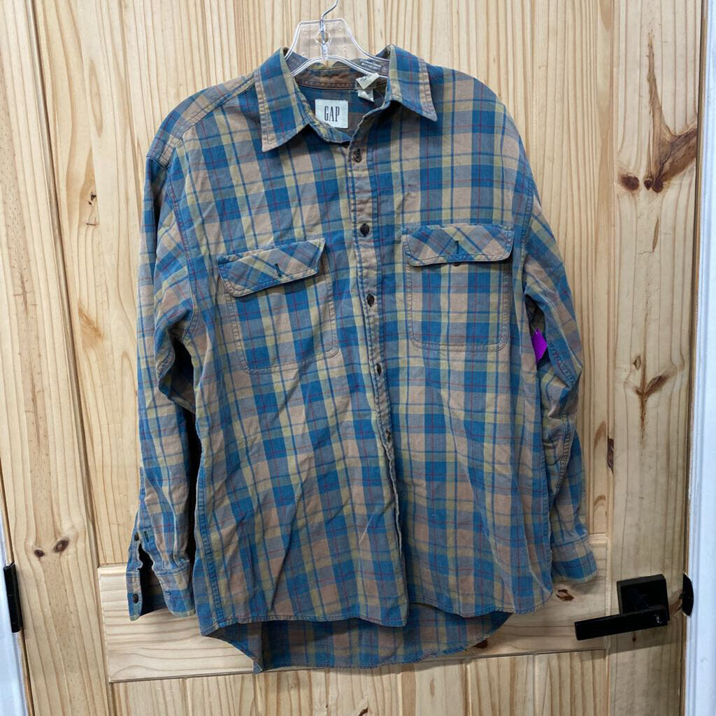 MENS GAP LS PLAID SHIRT TAN/GREEN M