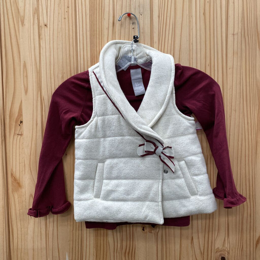 GIRLS TAHARI 2PC SET MAROON SHIRT W/IVORY VEST 5T