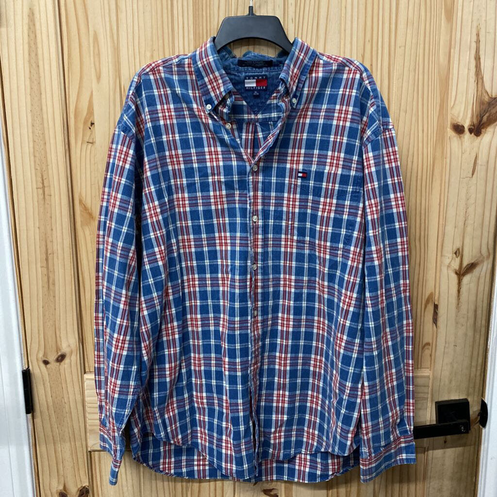 MENS TOMMY HILFIGER LS PALID BUTTON UP SHIRT RED/WHITE/BLUE XL